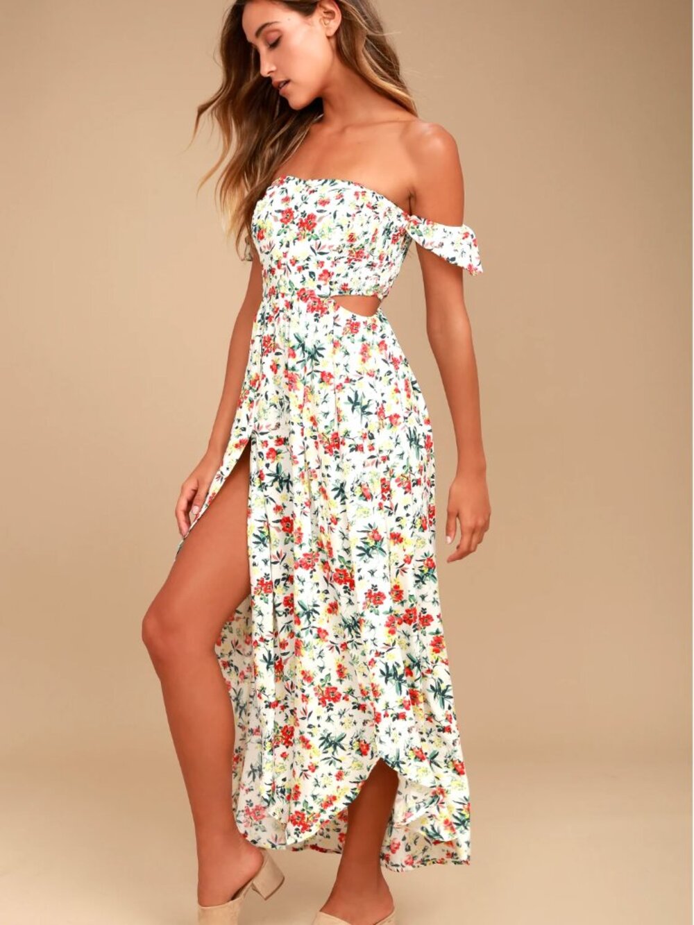 Easy on the Eyes Cream Floral Print Off-the-Shoulder Maxi Dress
